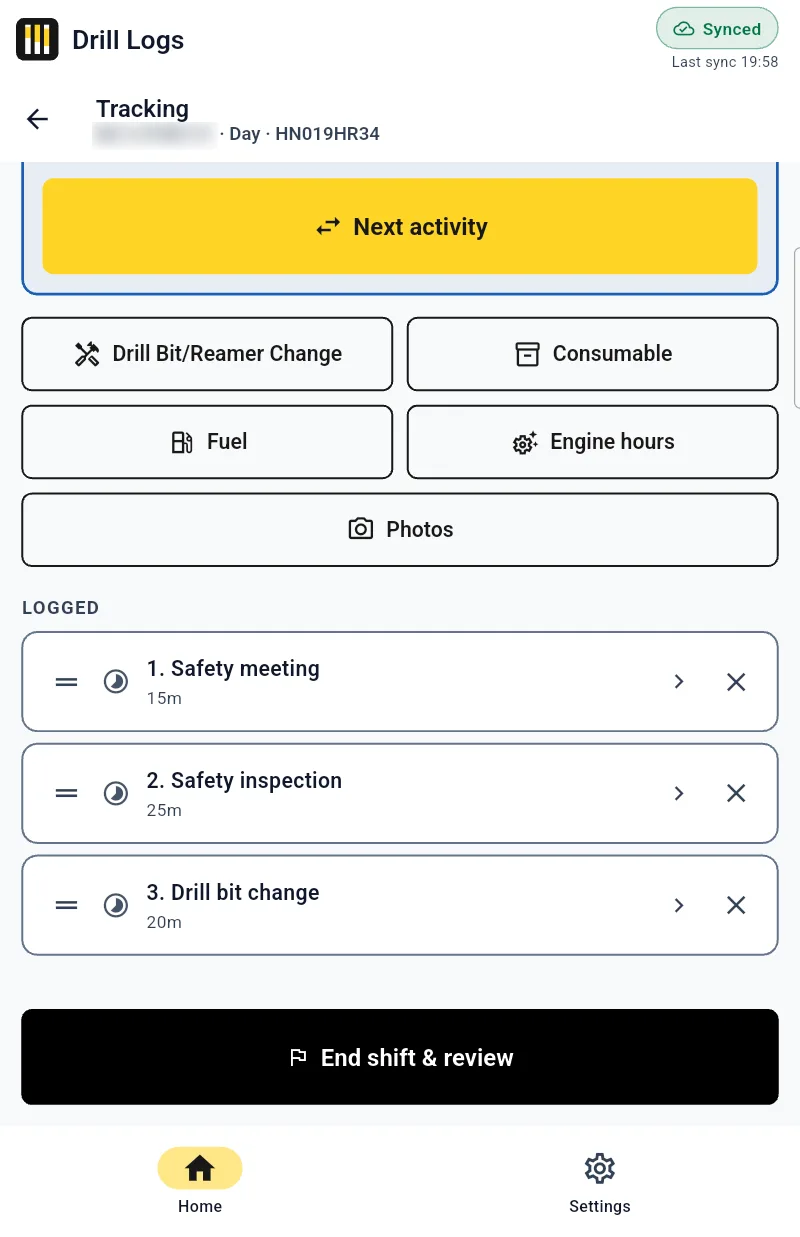 Logged shift: Shift in progress: three timed activities logged, bit change, consumables, fuel and photos one tap away